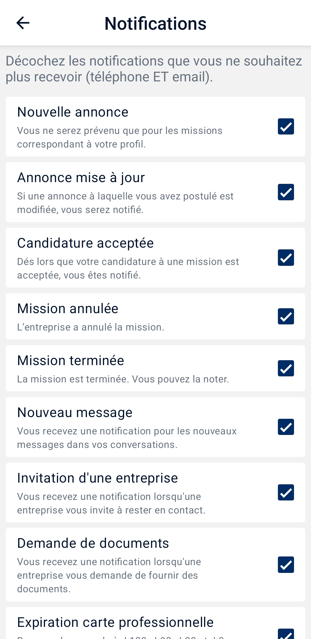 Écran de paramétrage détaillé des notifications